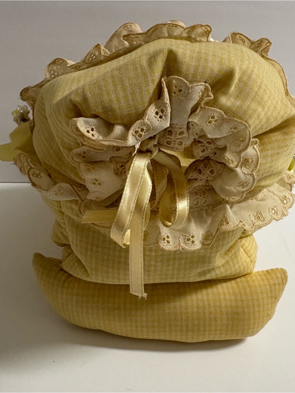 Vintage Handmade Baby Doll Bed Bassinet & Doll Cuddle Plush Yellow Lace Gingham - Picture 6 of 13